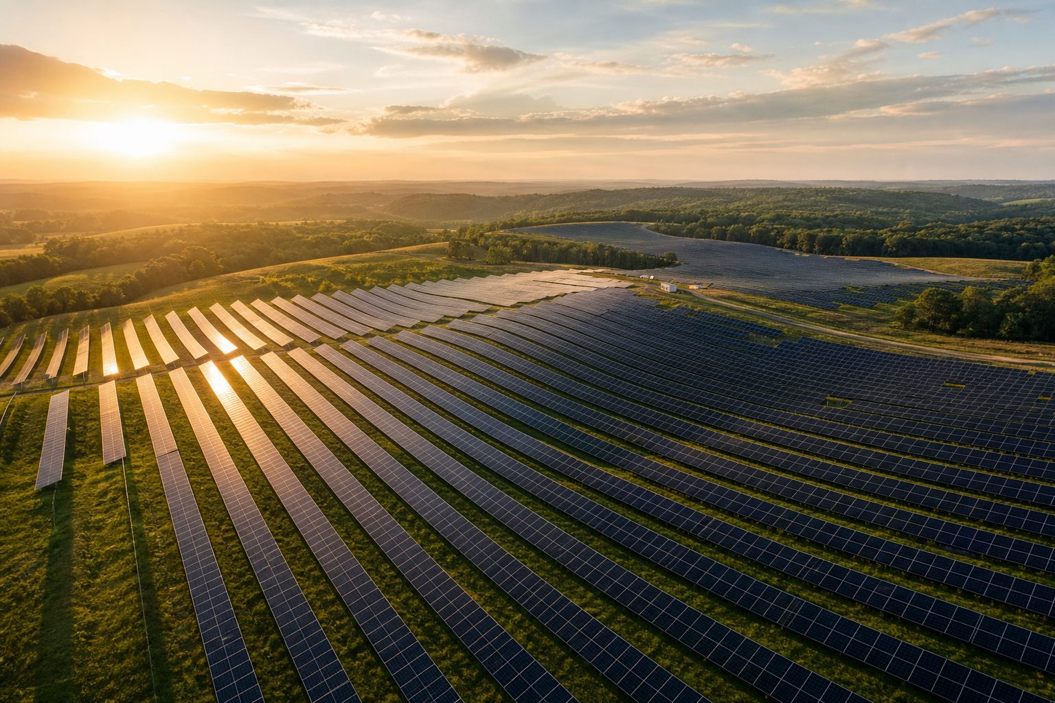 Aerial view of a utility-scale solar farm at golden hour, panel rows sweeping across rolling green farmland