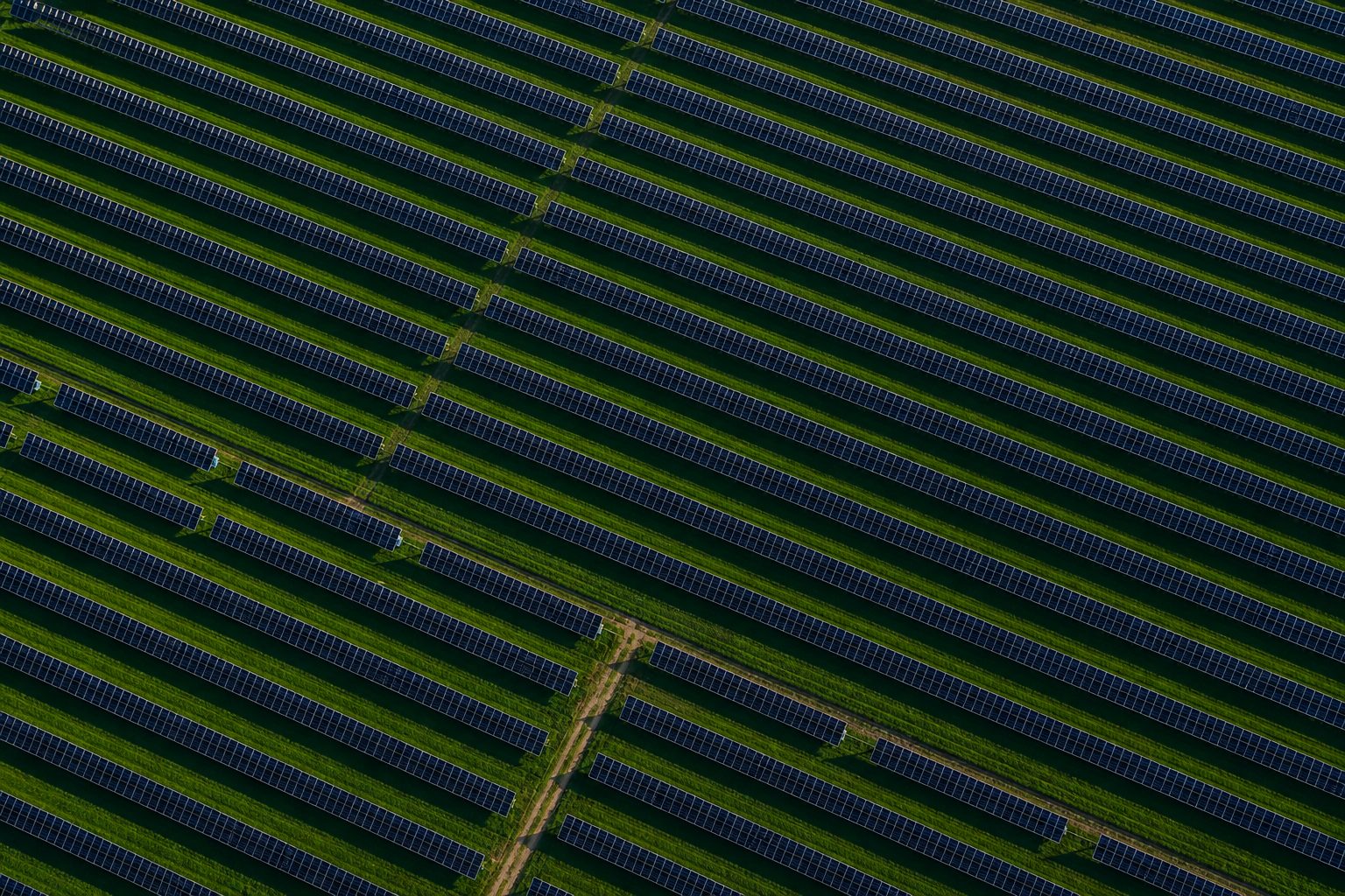 Top-down aerial view of a solar farm, panel rows forming a precise grid across a green field